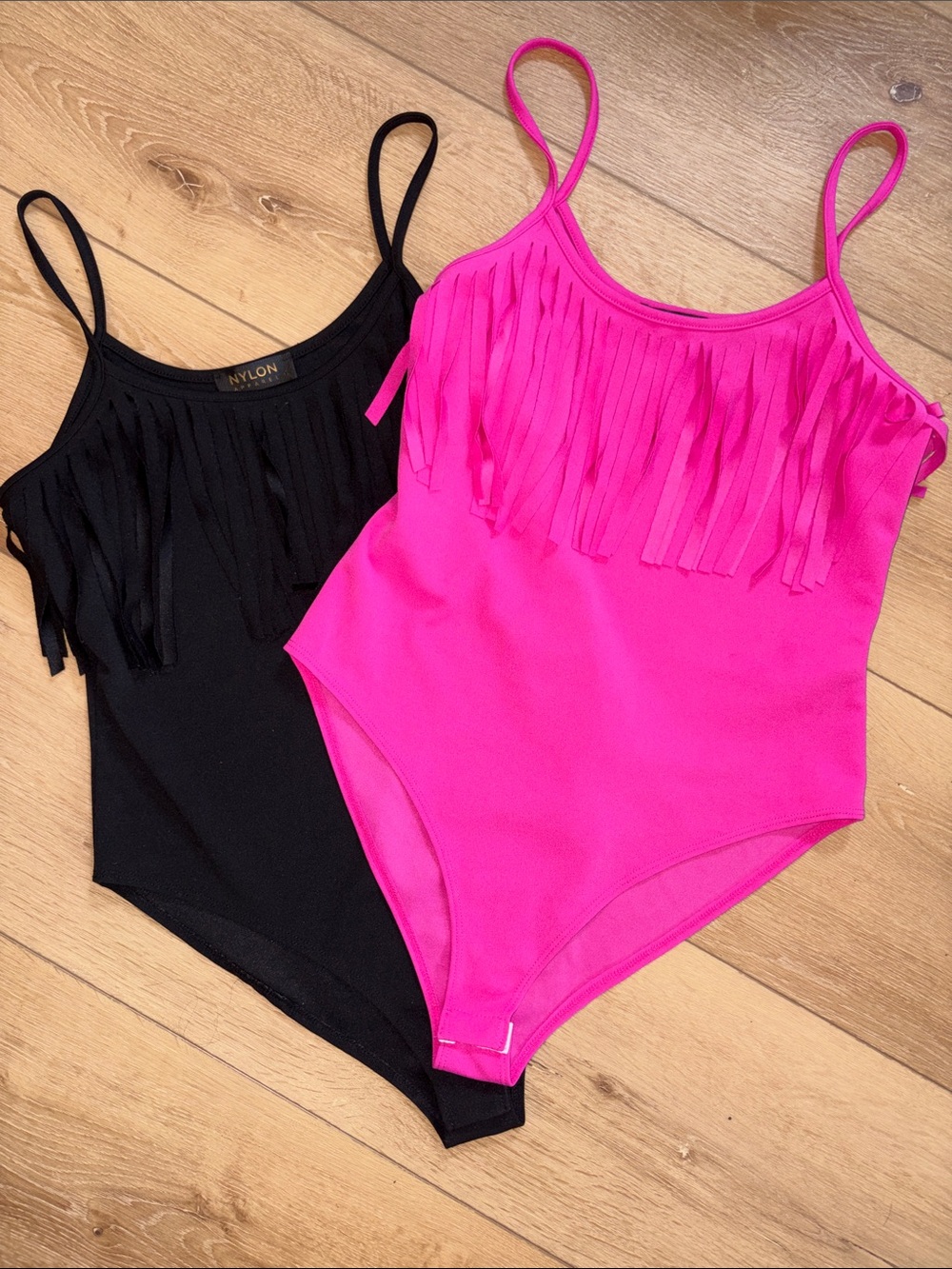 Pink and Black Western Fringe Bodysuits